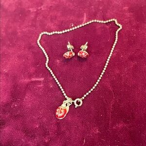 Ladybug Necklace & Earrings Jewelry Set, Silver‎ Tone, Red Enamel Lady Bugs